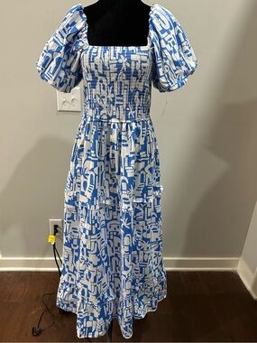 Blue & White Puff-Sleeve Smocked Maxi Dress by